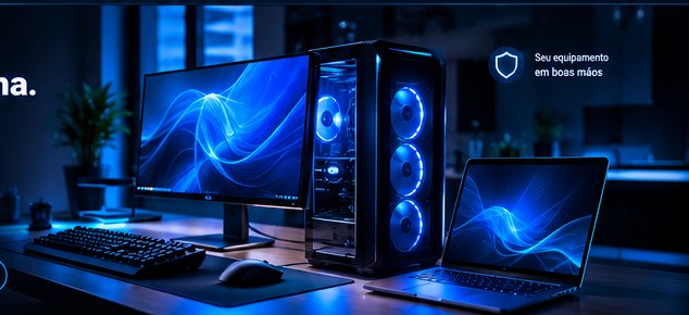 Estação de trabalho com computador de alto desempenho e notebook iluminados em azul